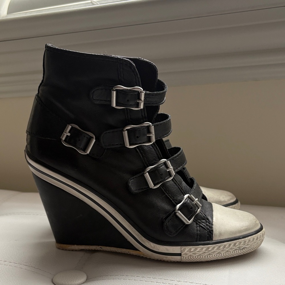 Ash Black and Cream Buckle Wedge Sneakers